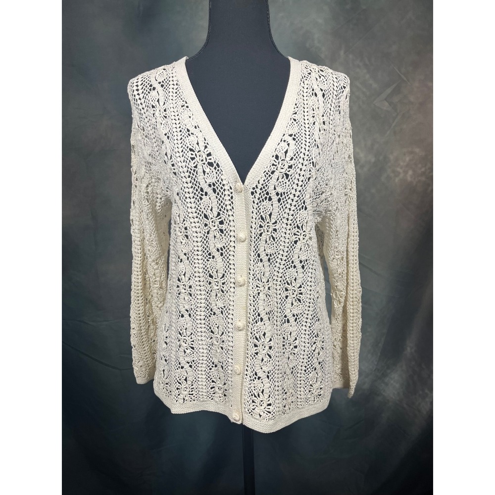 Vintage Handmade Shanghai China Crochet Cardigan 100% Cotton Floral Ivory